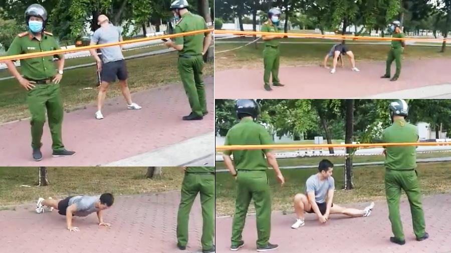 Chàng trai không đeo khẩu trang, thản nhiên tập thể dục trước mặt công an